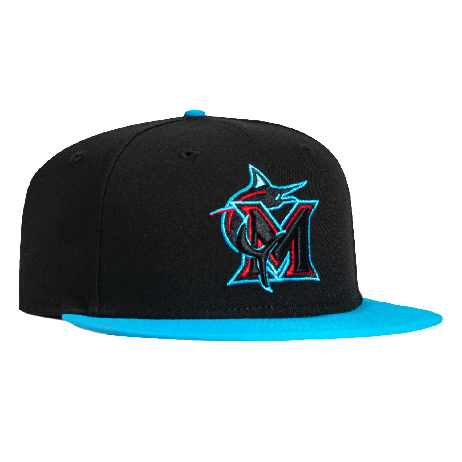 New Era 59Fifty Miami Marlins 2025 City Connect M Hat - Black, Neon Blue, Red sold by Hat Club