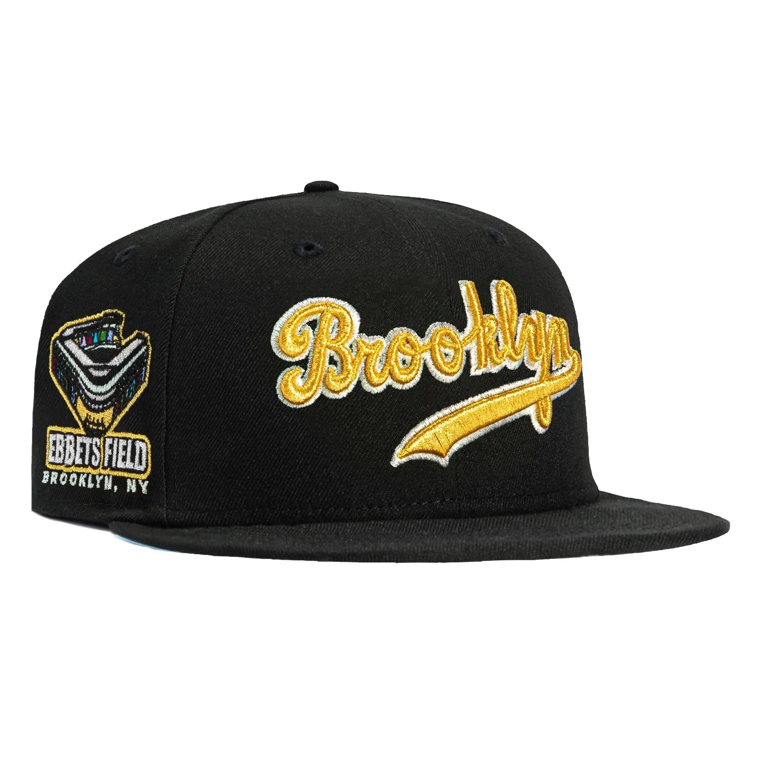 New Era 59Fifty Brooklyn Dodgers Ebbets Field Patch Script Hat - Black, Metallic Gold sold by Hat Club