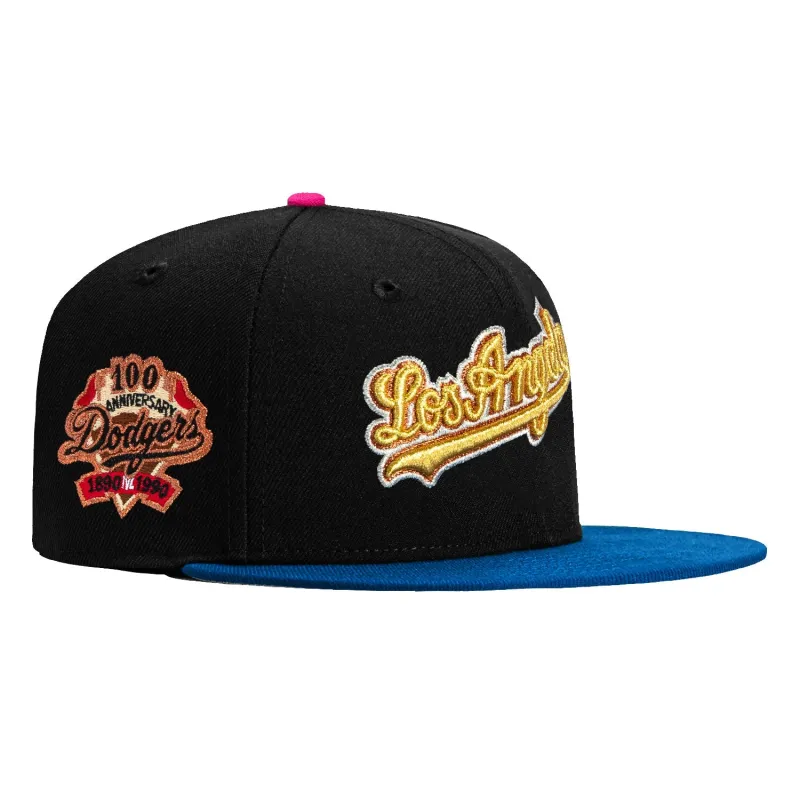 New Era 59Fifty Los Angeles Dodgers 100th Anniversary Patch Script Hat - Black, Royal, Metallic Gold sold by Hat Club