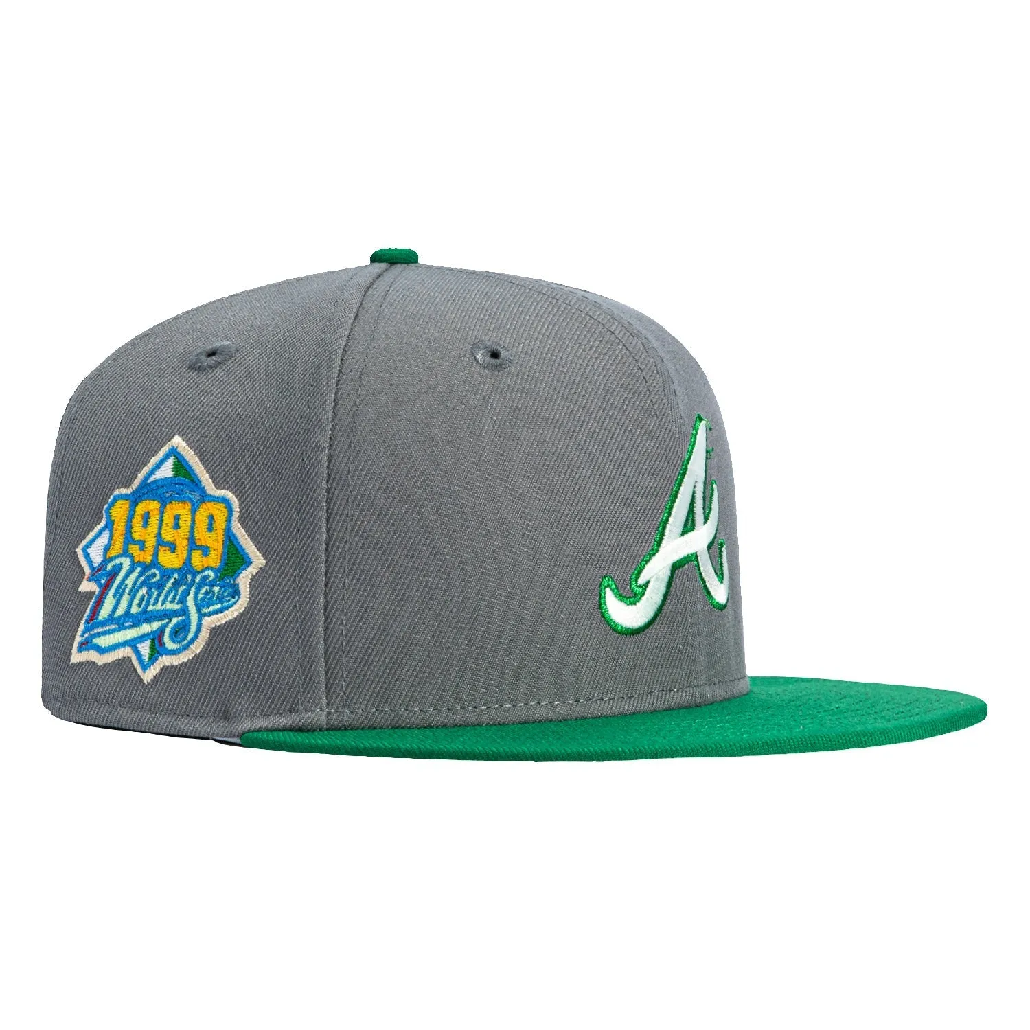 New Era 59Fifty Monstera Pack Atlanta Braves 1999 World Series Patch Hat - Storm Grey, Kelly sold by Hat Club
