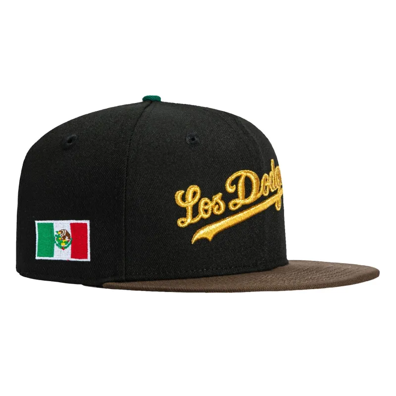 New Era 59Fifty Los Angeles Dodgers Mexico Flag Patch Los Dodgers Script Hat - Black, Brown, Metallic Gold sold by Hat Club