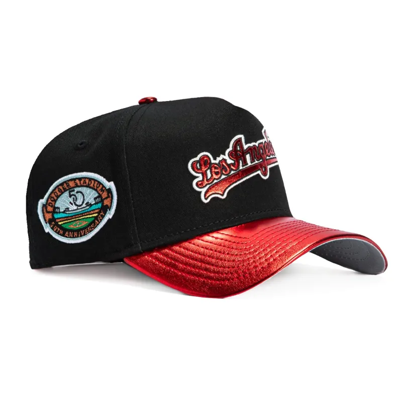 New Era 9Forty A-Frame Los Angeles Dodgers 50th Anniversary Stadium Patch Snapback Script Hat - Black, Red made by New Era