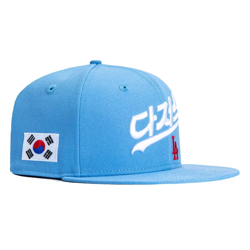 New Era 59Fifty Los Angeles Dodgers Korean Flag Patch Korea Script Hat - Light Blue made by New Era