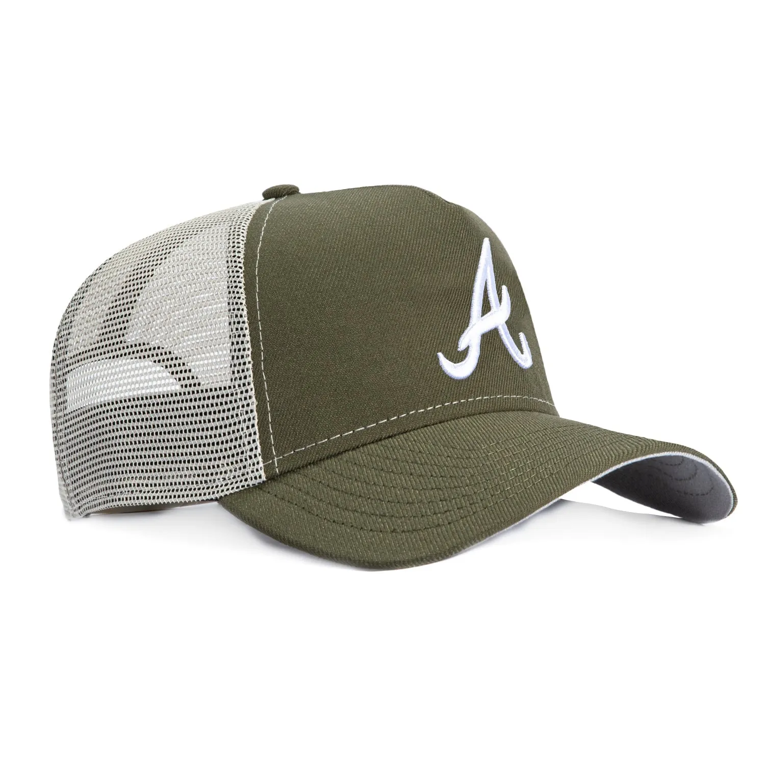 New Era 9Forty A-Frame Atlanta Braves Snapback Trucker Hat - Olive, Stone sold by Hat Club