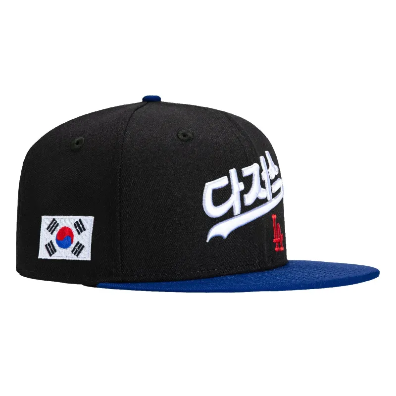 New Era 59Fifty Los Angeles Dodgers Korea Flag Patch Script Hat - Black, Royal made by New Era