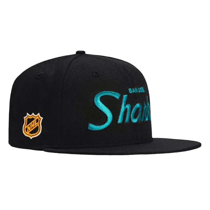 New Era 59Fifty San Jose Sharks Script Hat - Black, Teal sold by Hat Club