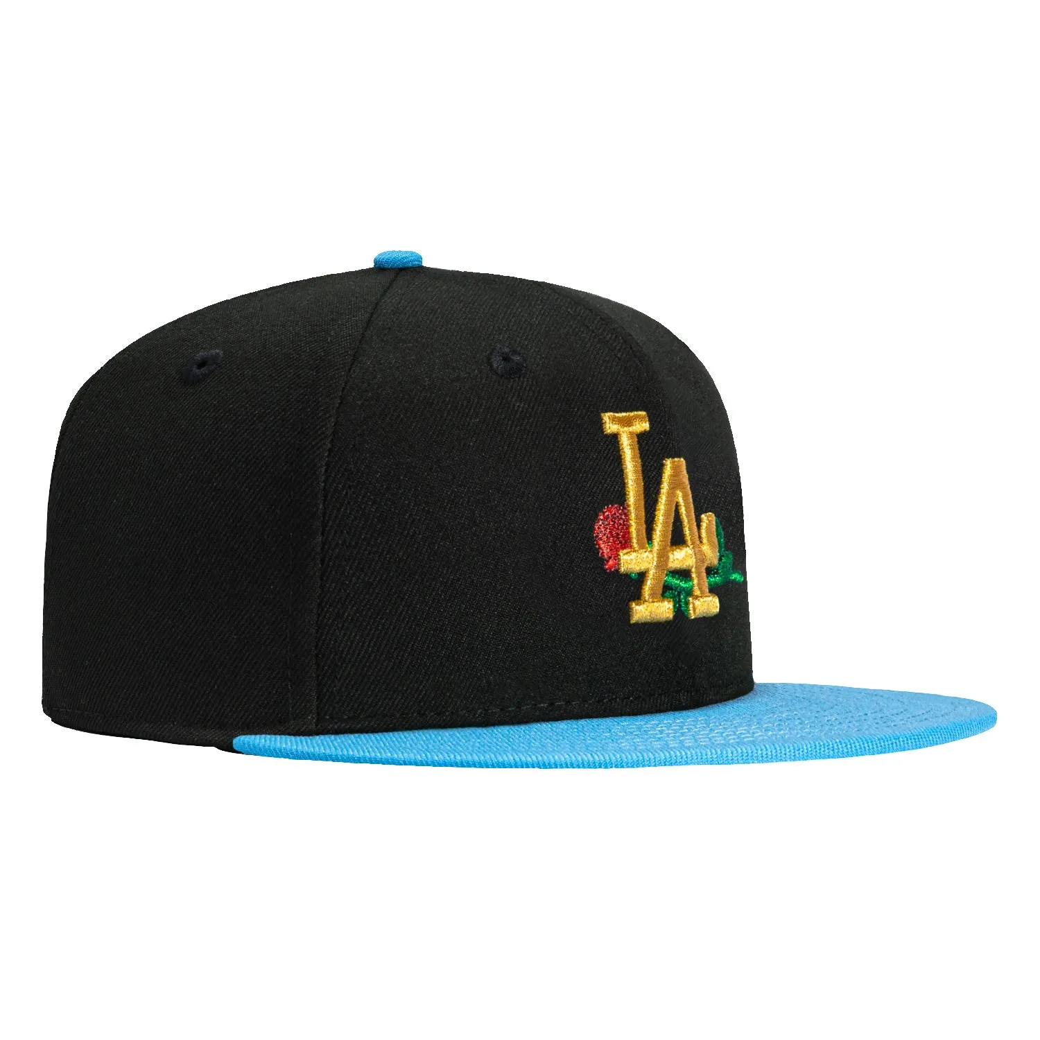 New Era 59Fifty Los Angeles Dodgers Rose Hat - Black, Light Blue, Metallic Gold sold by Hat Club