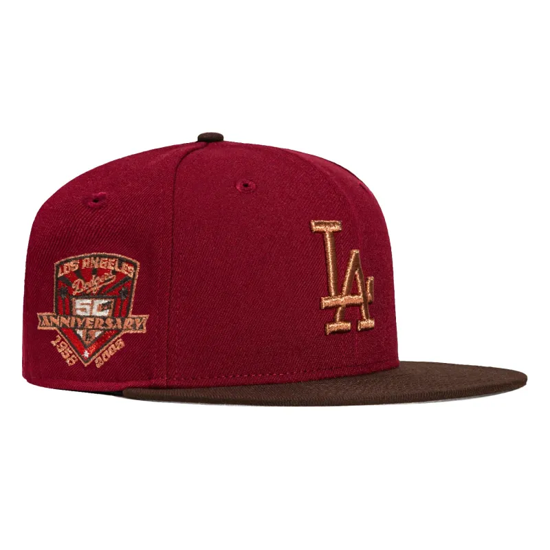 New Era 59Fifty Los Angeles Dodgers 50th Anniversary Patch Hat - Cardinal, Brown, Metallic Gold sold by Hat Club