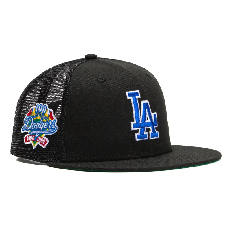 New Era 59Fifty Black Dome Los Angeles Dodgers 100th Anniversary Patch Trucker Hat - Black sold by Hat Club