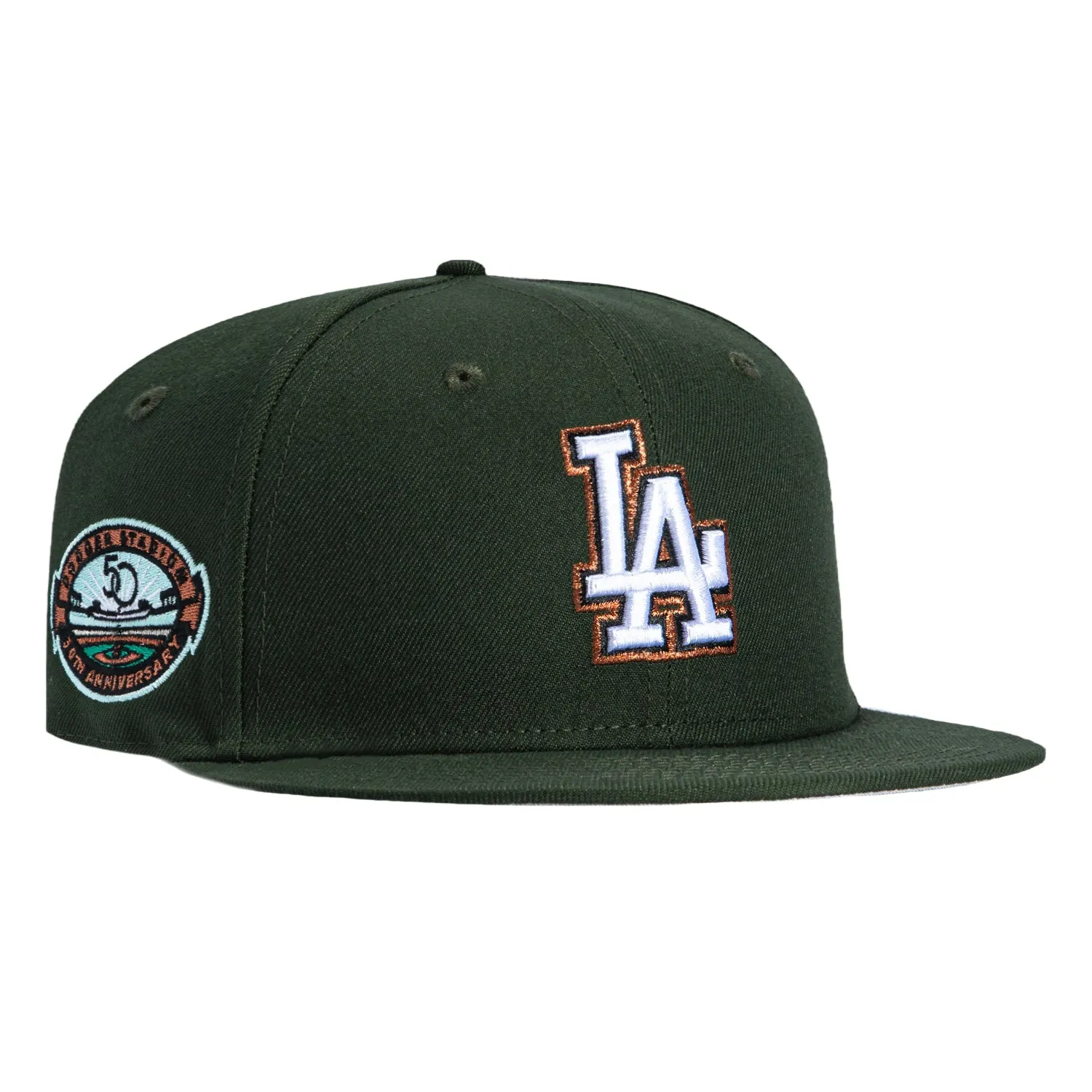 New Era 59Fifty Los Angeles Dodgers 50th Anniversary Stadium Patch Hat - Green, White, Metallic Copper sold by Hat Club