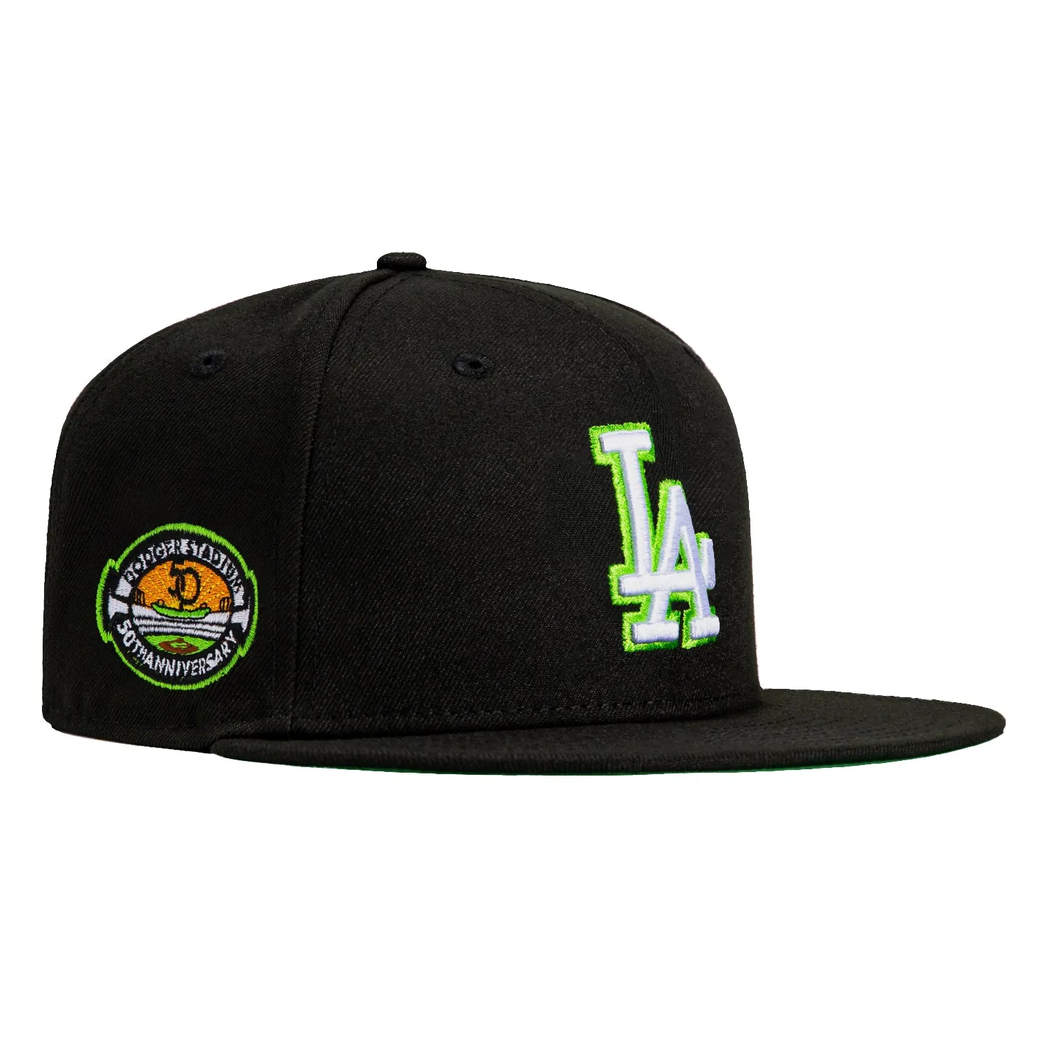 New Era 59Fifty Aux Pack Los Angeles Dodgers 50th Anniversary Stadium Patch Hat - Black, White, Lime Green sold by Hat Club