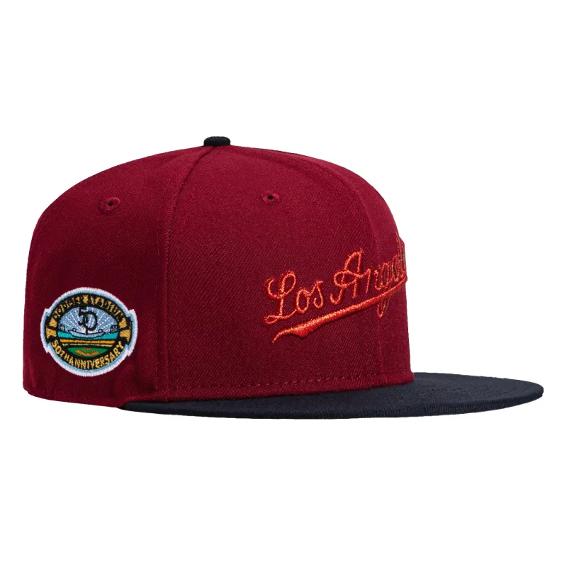 New Era 59Fifty Los Angeles Dodgers 50th Anniversary Stadium Patch Script Hat - Cardinal, Navy made by New Era