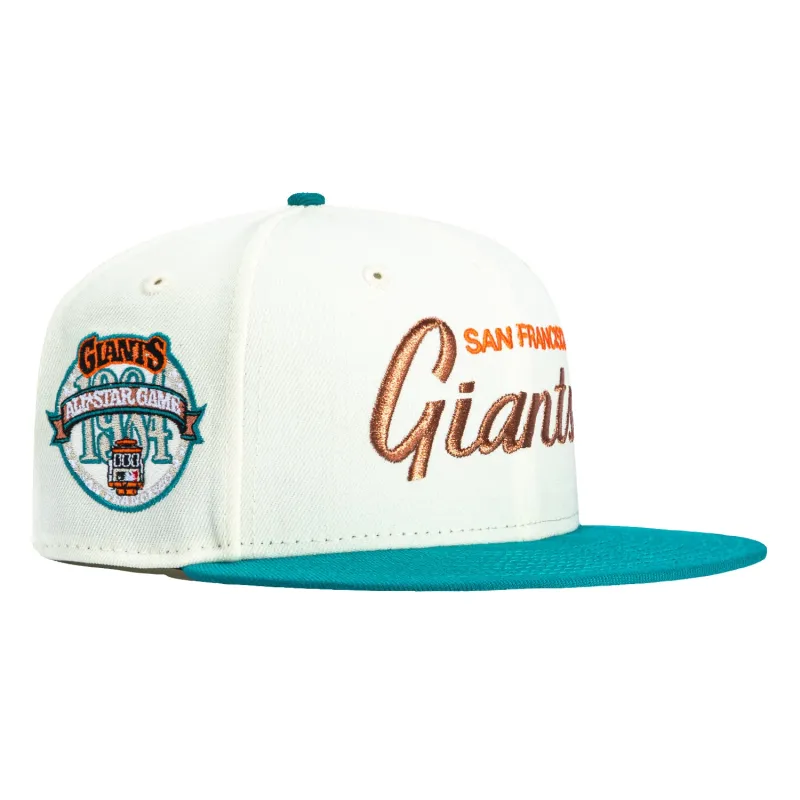 New Era 59Fifty San Francisco Giants 1984 All Star Game Patch Script Hat - White, Teal, Metallic Copper sold by Hat Club