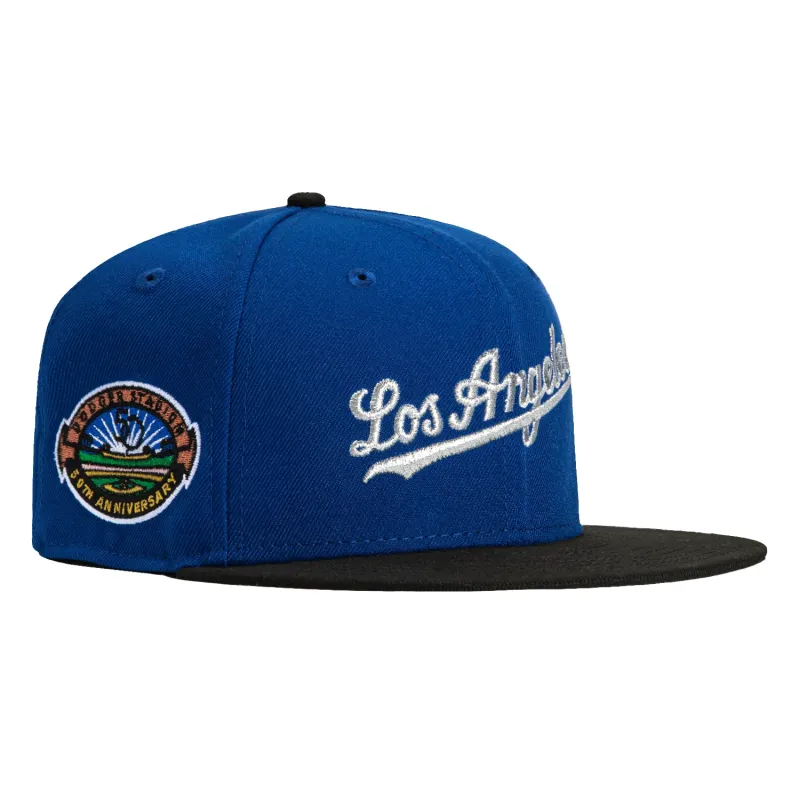 New Era 59Fifty Los Angeles Dodgers 50th Anniversary Stadium Patch Script Hat - Royal, Black, Metallic Silver sold by Hat Club