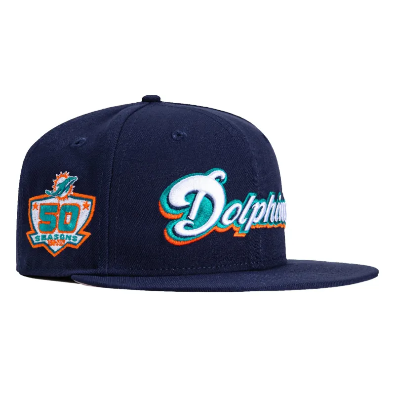 New Era 59Fifty Miami Dolphins 50th Anniversary Patch Script Hat - Light Navy sold by Hat Club