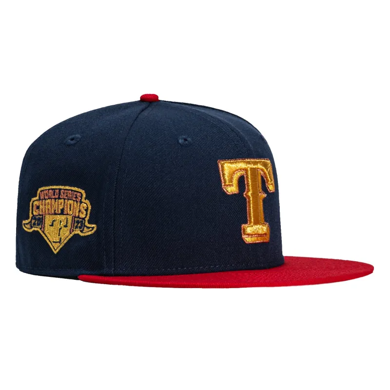 New Era 59Fifty Texas Rangers 2023 World Series Patch Hat - Navy, Red, Metallic Gold sold by Hat Club