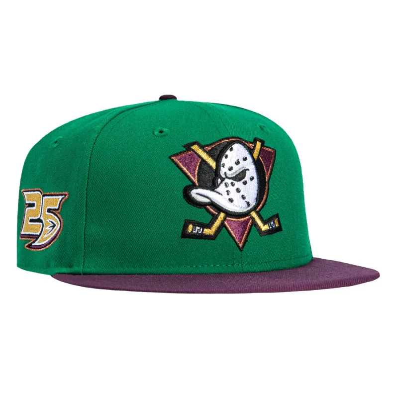 New Era 59Fifty Anaheim Ducks 25th Anniversary Patch Hat - Kelly, Maroon sold by Hat Club