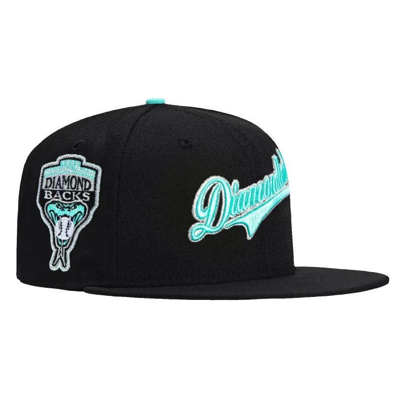 New Era 59Fifty Arizona Diamondbacks Inaugural Patch Script Hat - Black, Mint, Metallic Silver made by New Era