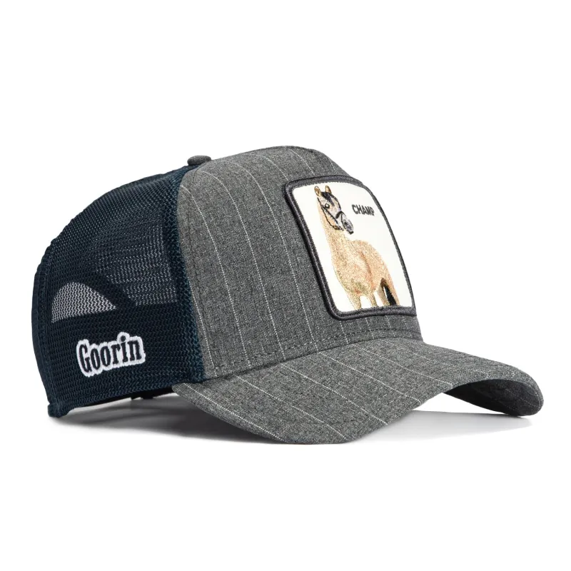 Goorin Bros Suited Champ Adjustable Trucker Snapback Hat - Graphite Pinstripe, Navy sold by Hat Club