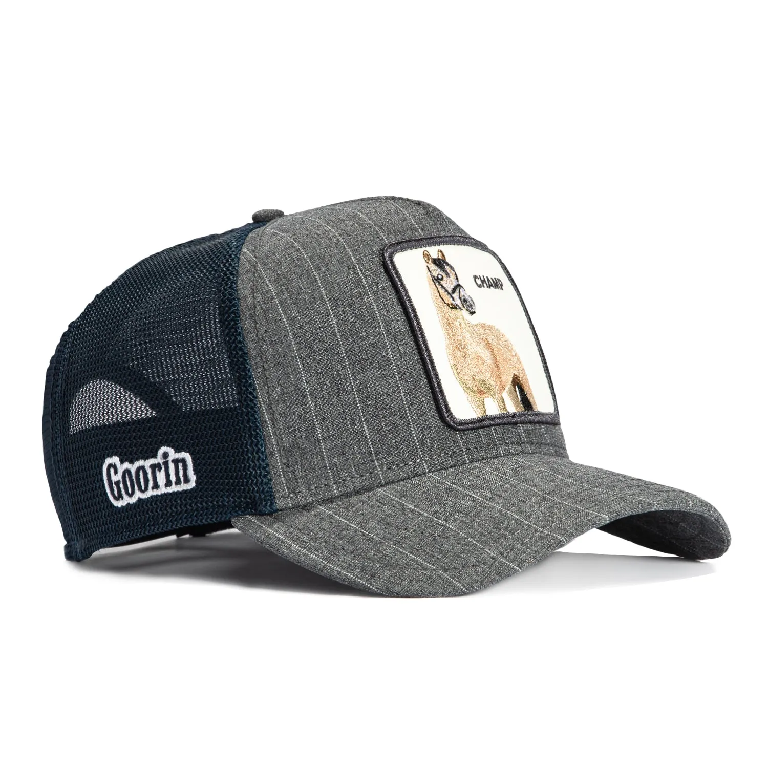 Goorin Bros Suited Champ Adjustable Trucker Snapback Hat - Graphite Pinstripe, Navy sold by Hat Club