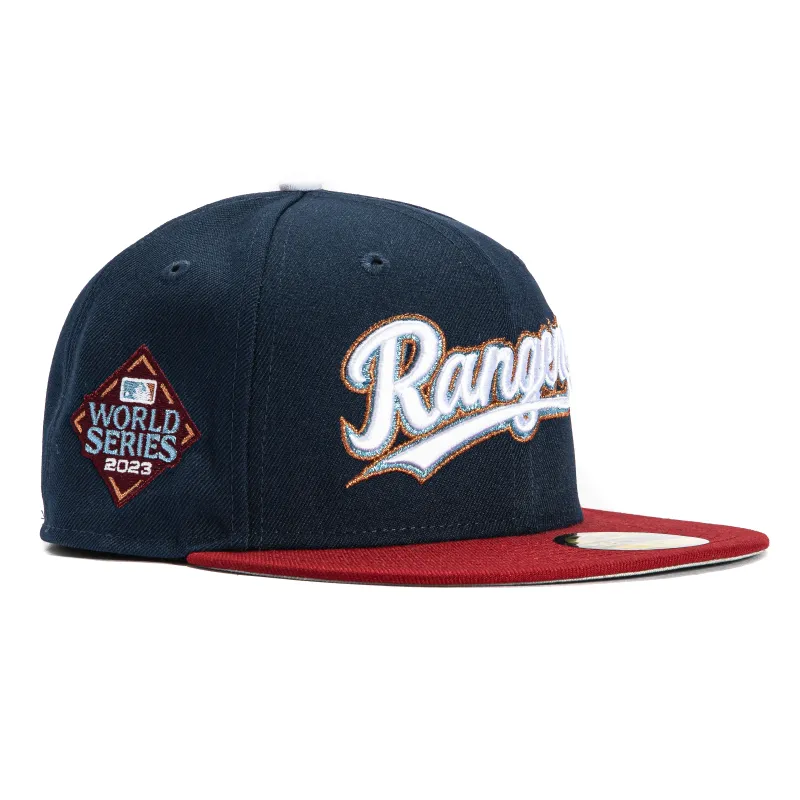 New Era 59Fifty Texas Rangers 2023 World Series Patch Script Hat - Navy, Brick sold by Hat Club