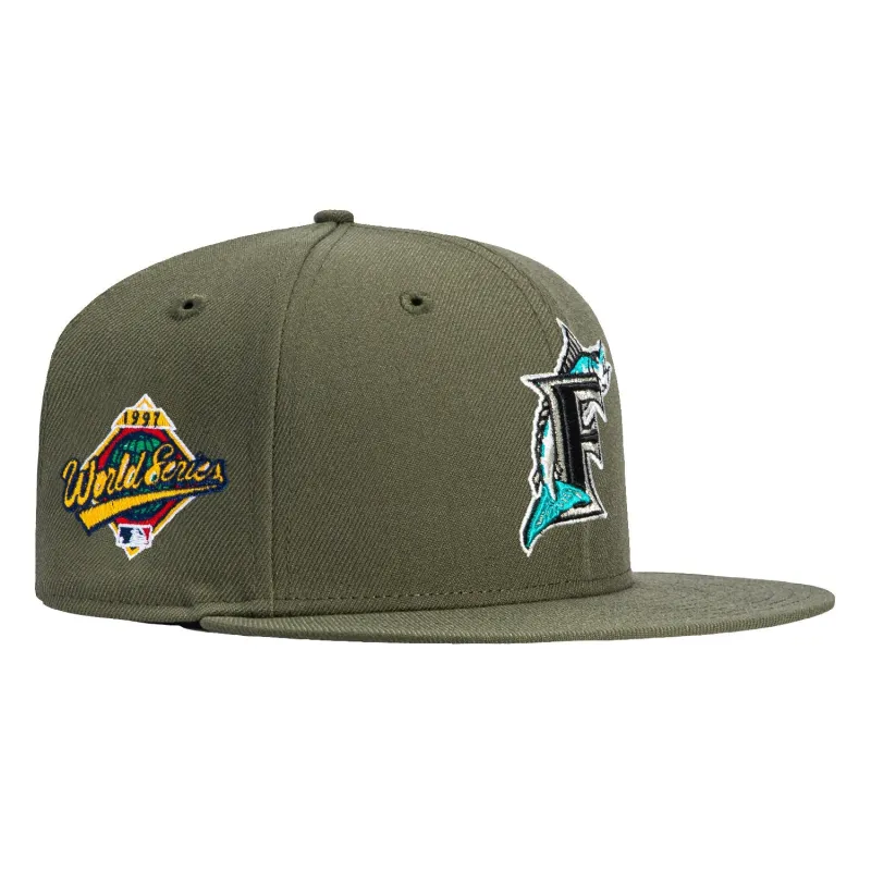 New Era 59Fifty Miami Marlins 1997 World Series Patch Hat - Olive, Ivory sold by Hat Club