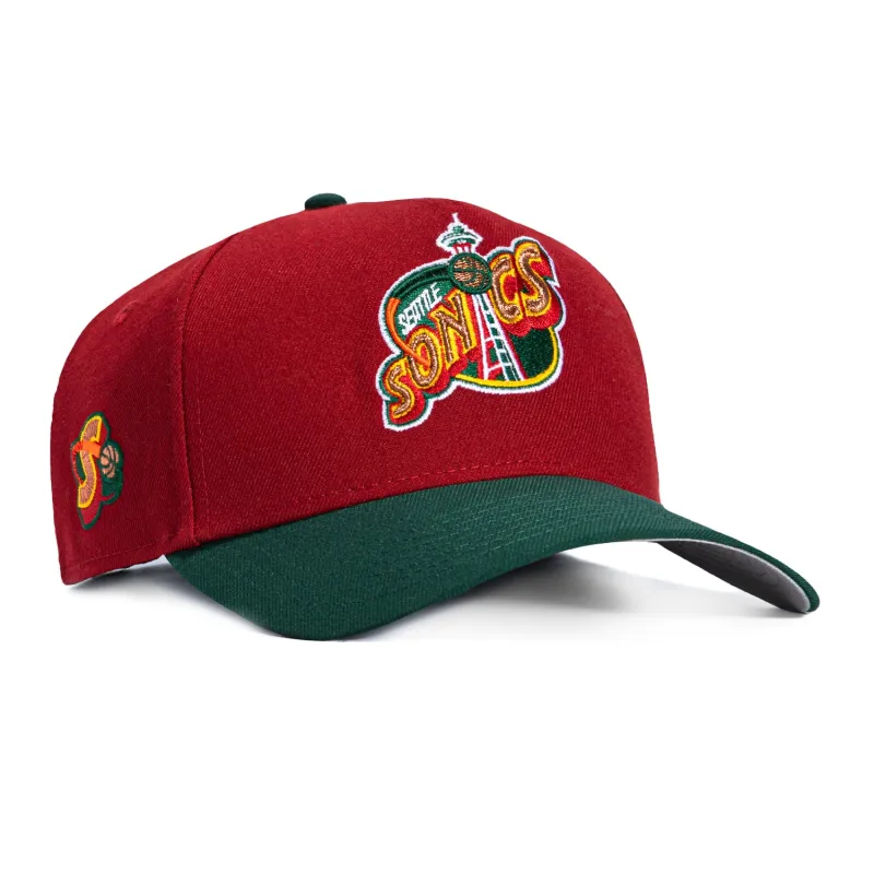 New Era 9Forty A-Frame Seattle Sonics 1995 Logo Patch Snapback Hat - Cardinal, Green made by New Era