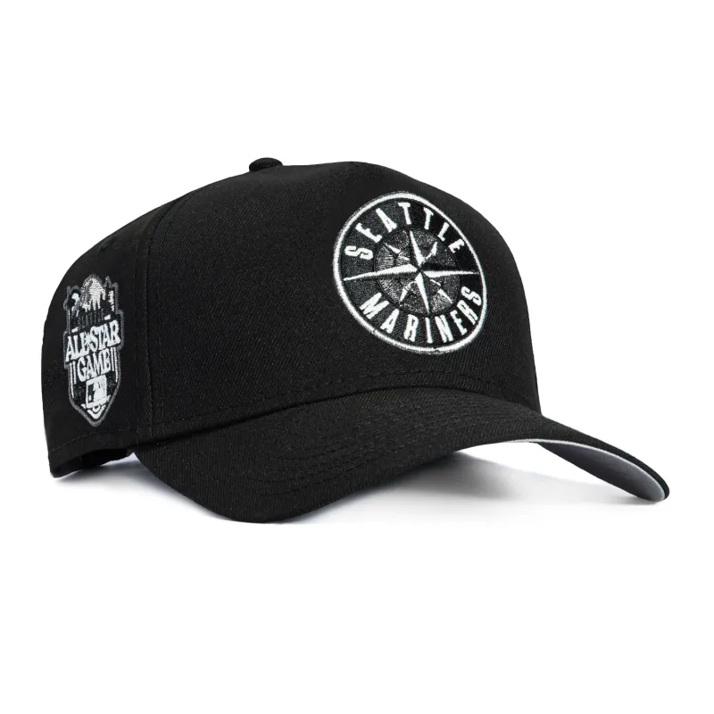 New Era 9Forty GITD A-Frame Seattle Mariners 2023 All Star Game Patch Snapback Logo Hat - Black, White made by Hat Club