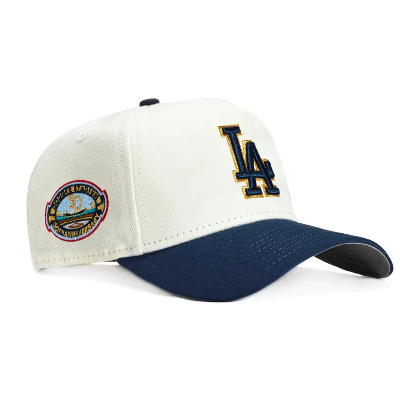 New Era 9Forty A-Frame Los Angeles Dodgers 50th Anniversary Stadium Patch Snapback Hat - White, Navy, Metallic Gold sold by Hat Club