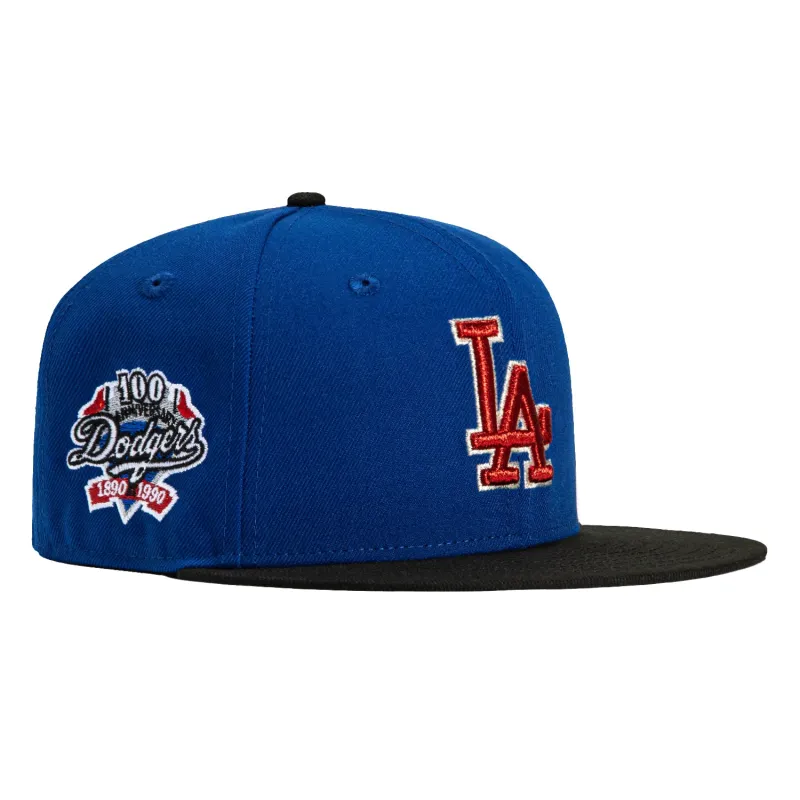 New Era 59Fifty Los Angeles Dodgers 100th Anniversary Patch Hat - Royal, Black, Red, Metallic Silver sold by Hat Club