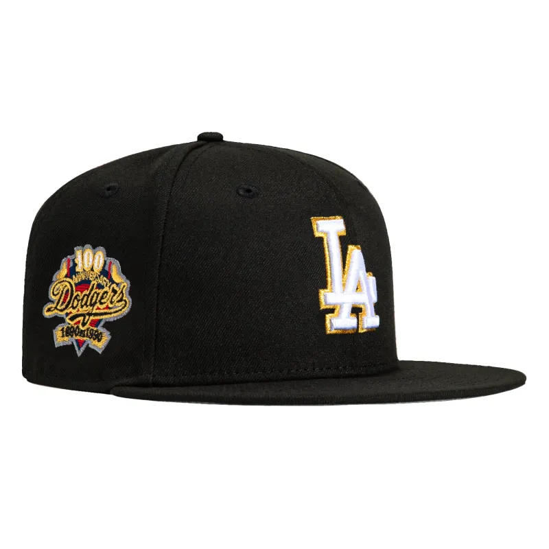 New Era 59Fifty Los Angeles Dodgers 100th Anniversary Patch Hat - Black, Metallic Gold made by Hat Club