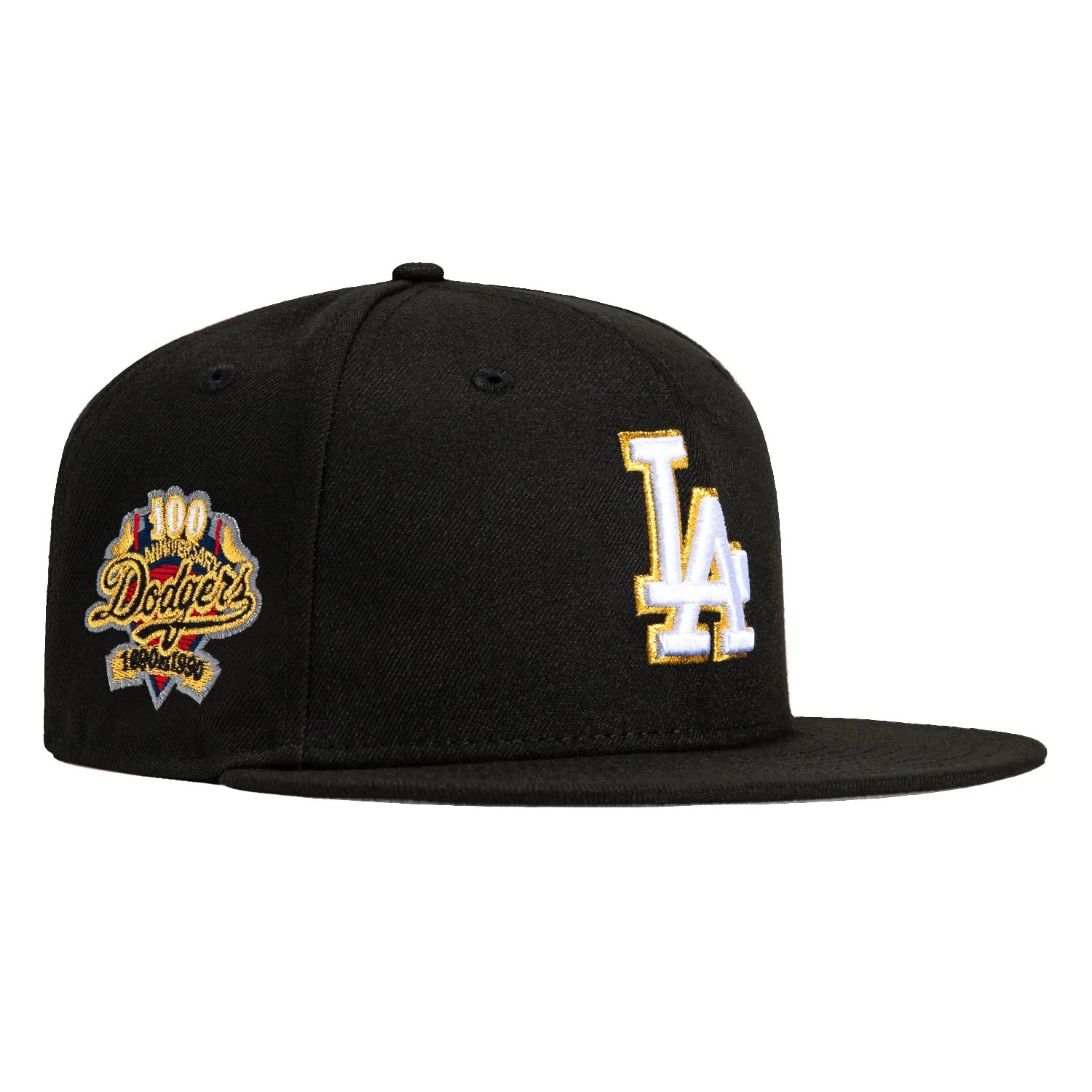 New Era 59Fifty Los Angeles Dodgers 100th Anniversary Patch Hat - Black, Metallic Gold sold by Hat Club