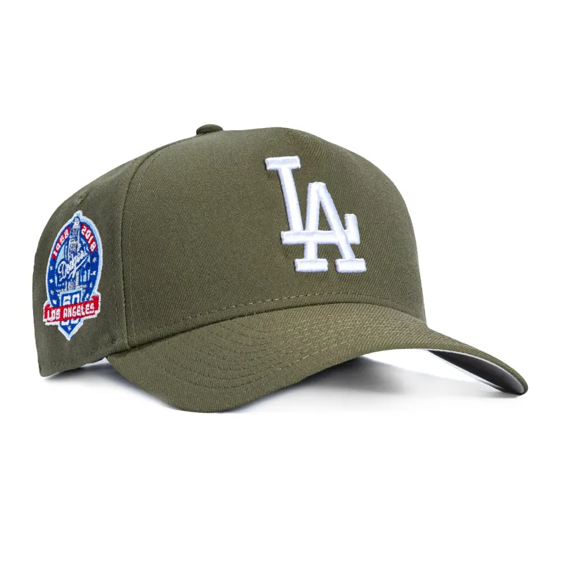 New Era 9Forty A-Frame Los Angeles Dodgers 60th Anniversary Patch Snapback Hat - Olive, Orange sold by Hat Club