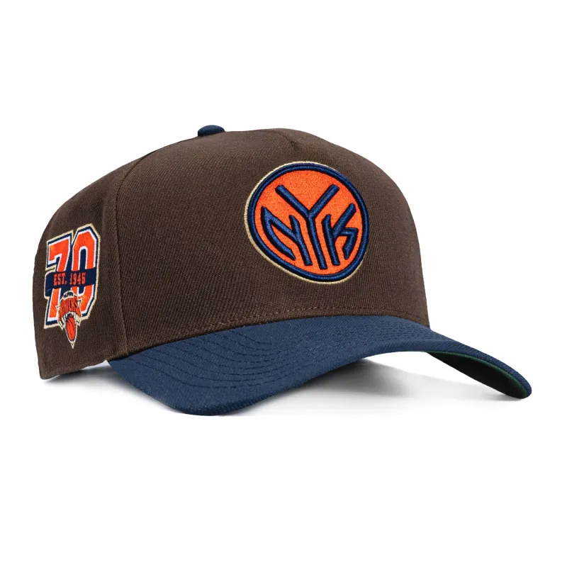 Mitchell & Ness Pro Pinch New York Knicks 70th Anniversary Patch Snapback Hat - Brown, Navy made by Mitchell & Ness