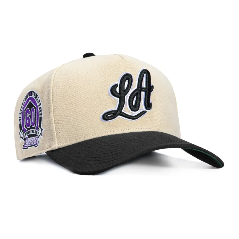 Mitchell & Ness Pro Pinch Los Angeles Lakers 60th Anniversary Patch Snapback Hat - Stone, Black made by Hat Club