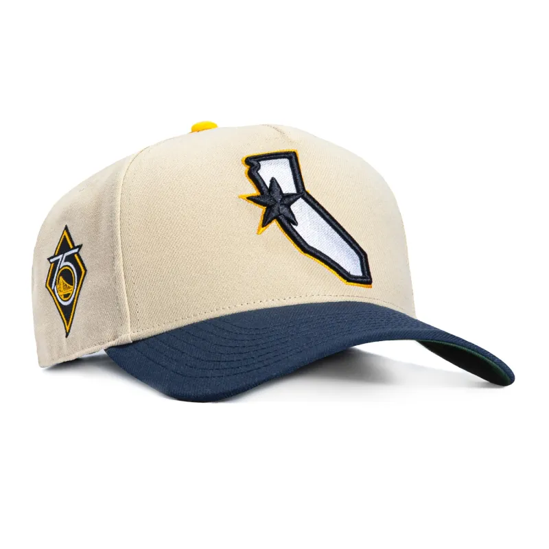 Mitchell & Ness Pro Pinch Golden State Warriors 75th Anniversary Patch Snapback Hat - Stone, Navy made by Mitchell & Ness