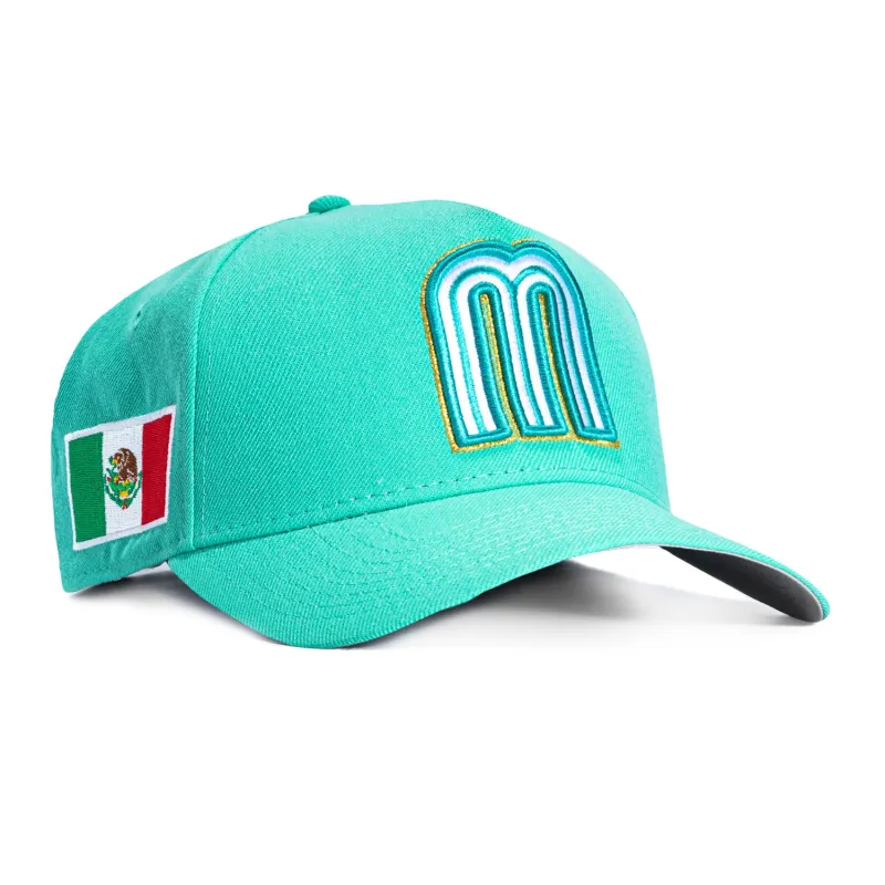 New Era 9Forty A-Frame Mexico World Baseball Classic Mexico Flag Patch Snapback Hat - Mint, Metallic Gold sold by Hat Club