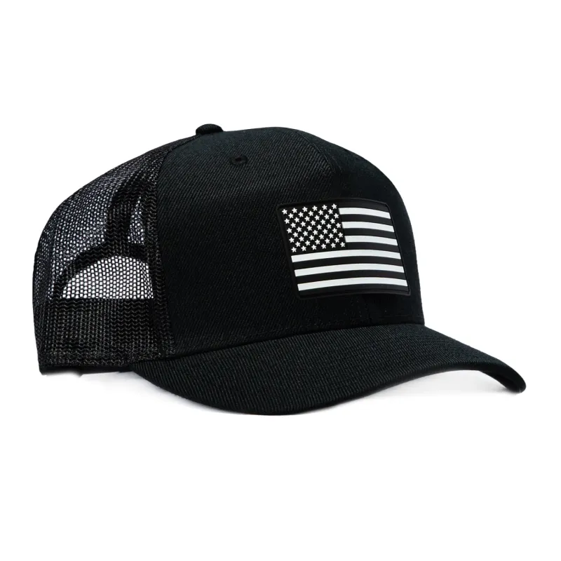 Branded Bills Old Glory Vintage Trucker Snapback Curved Hat - Black, White made by Hat Club