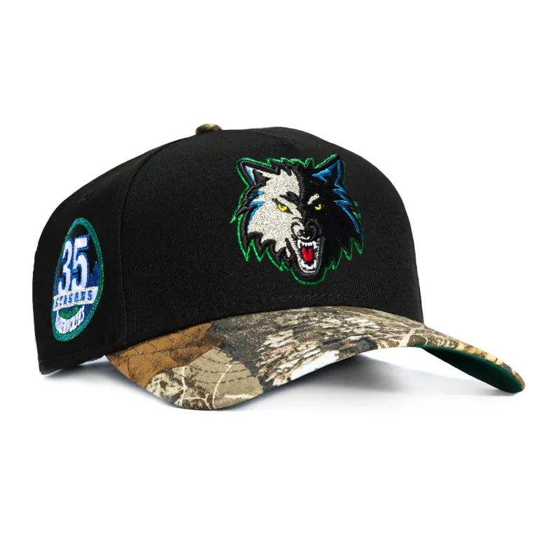 New Era 9Forty A-Frame Minnesota Timberwolves 35th Anniversary Patch Snapback Hat - Black, Realtree sold by Hat Club
