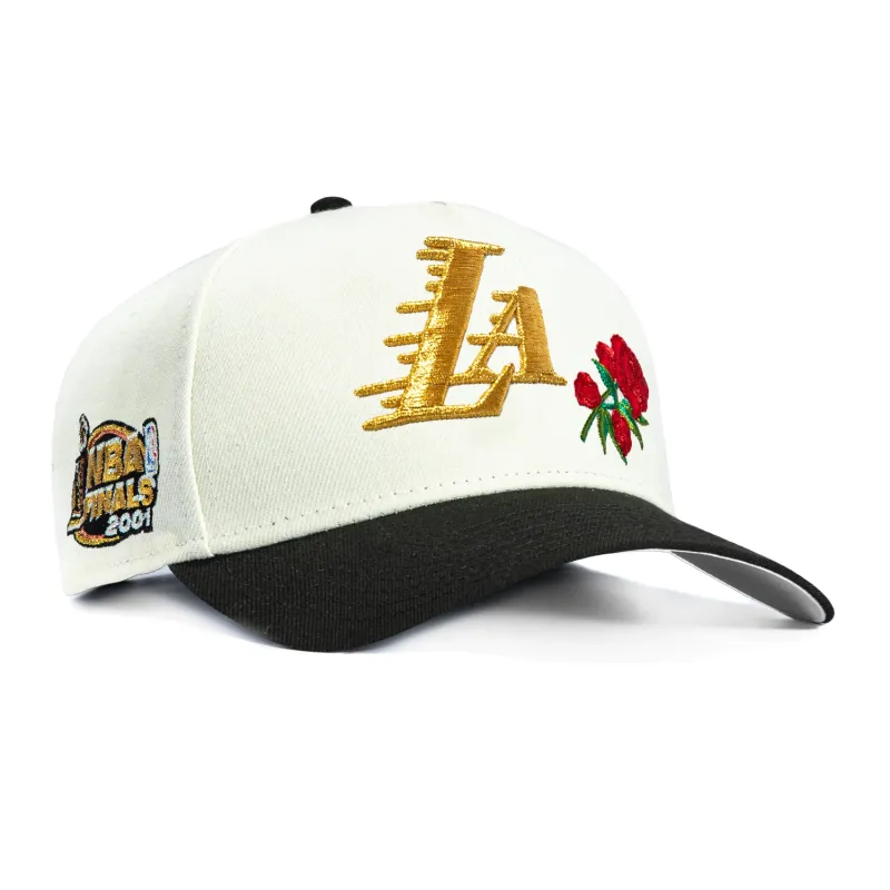 New Era 9Forty A-Frame Rose Los Angeles Lakers 2001 NBA Finals Patch Snapback Hat - White, Black made by New Era