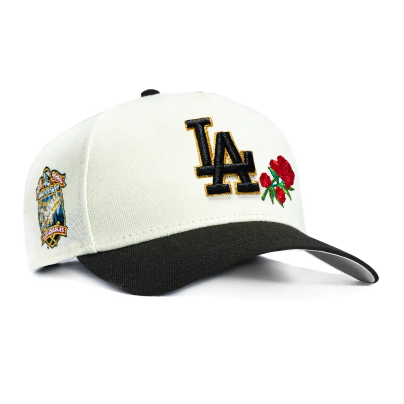 New Era 9Forty A-Frame Rose Los Angeles Dodgers 40th Anniversary Patch Snapback Hat - White, Black made by New Era
