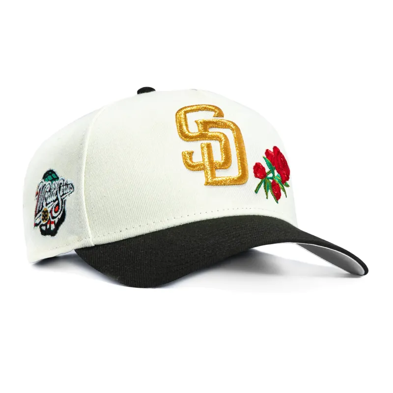 New Era 9Forty A-Frame Rose San Diego Padres 1998 World Series Patch Snapback Hat - White, Black made by New Era