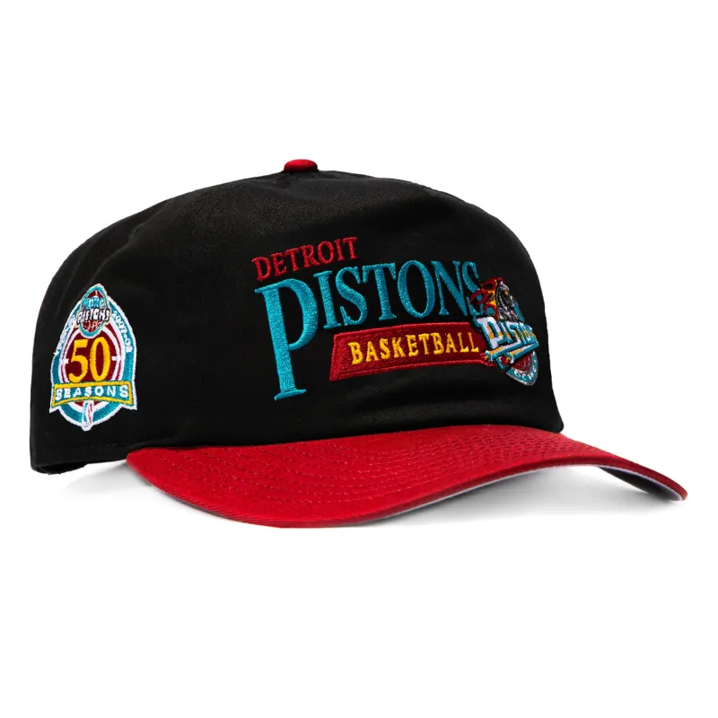 New Era 19Twenty Detroit Pistons 50th Anniversary Patch Vintage Word Snapback Pre-Curved Hat - Black, Cardinal made by New Era