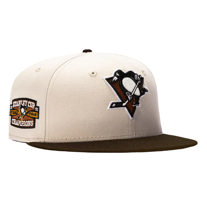 New Era 59Fifty Wood Grain Pittsburgh Penguins 1991 Stanley Cup Champions Patch Hat - Stone, Brown made by New Era
