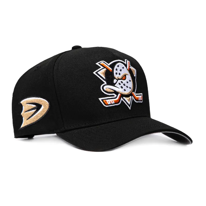 Mitchell & Ness Pro Pinch Double Clutch Anaheim Ducks Logo Patches Snapback Hat - Black made by Mitchell & Ness