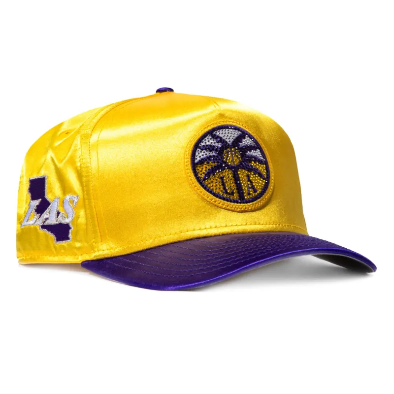 New Era 9Fifty A-Frame Los Angeles Sparks State Patch Satin Snapback Rhinestone Hat - Gold, Purple made by New Era