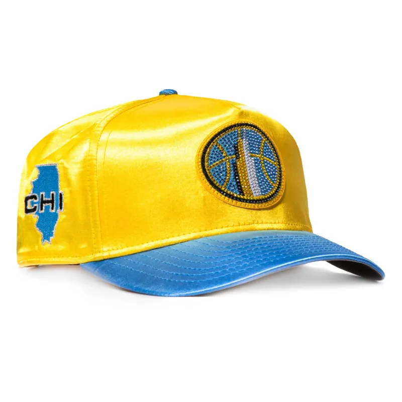 New Era 9Fifty A-Frame Chicago Sky State Patch Satin Snapback Rhinestone Hat - Gold, Light Blue made by New Era