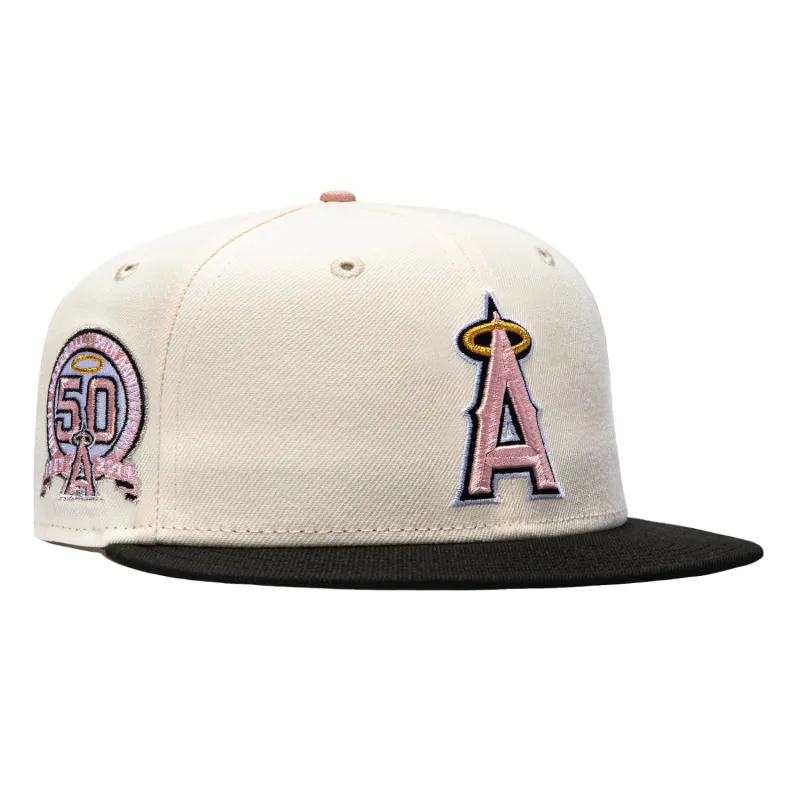 New Era 59Fifty Pink Rouge Los Angeles Angels 50th Anniversary Patch Hat - White, Black, Pink made by New Era