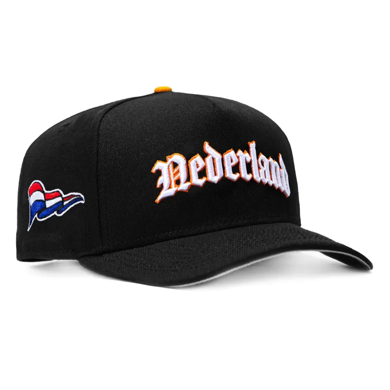 New Era 9Fifty A-Frame 2026 Del Mundo Netherlands Flag Patch Snapback Pre-curved Hat - Black made by New Era