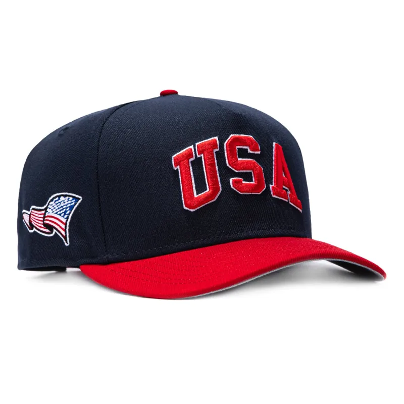 New Era 9Fifty A-Frame 2026 Del Mundo USA Flag Patch Snapback Pre-curved Hat - Navy, Red made by New Era